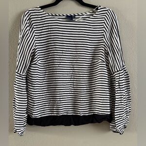 Kaari Blue S Shirt Round Neck Striped Puff Sleeve Pullover Casual Top Womens